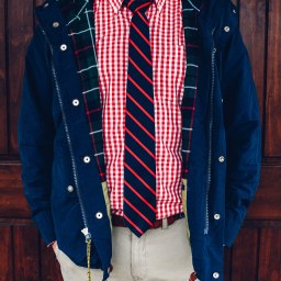 Repp Stripe on Gingham with some plaid on some wood.